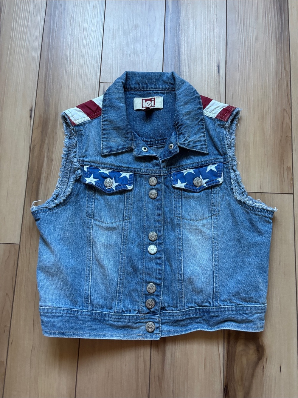 lei Denim Vest with Star Pocket Accents and Red Shoulder Stripes